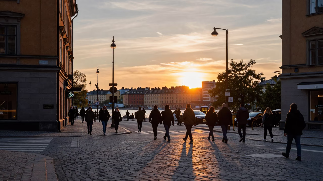 Stockholm Street Scene at As The Sun Drops Toward The Horizon in in Stockholm, Sweden