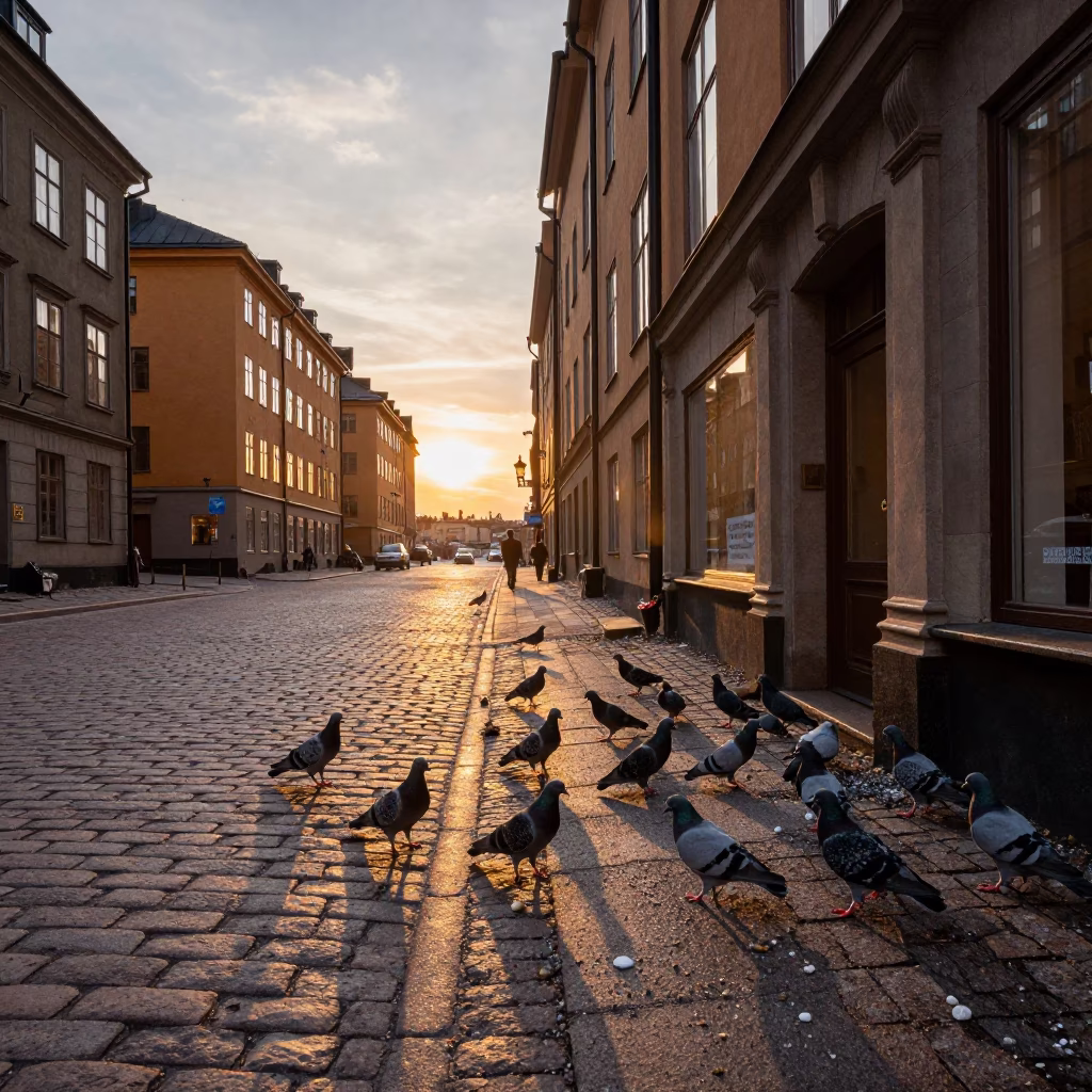 Stockholm Street Scene at As The Sun Drops Toward The Horizon in in Stockholm, Sweden
