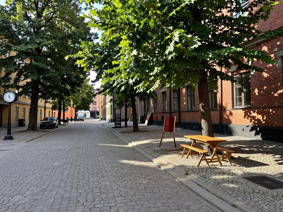 Stockholm Street Scene Early Afternoon with Chess Clock and Candlesticks on Wooden Table in in Stockholm, Sweden