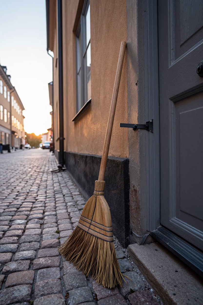 Stockholm street scene with broom and door latch at sunrise in in Stockholm, Sweden