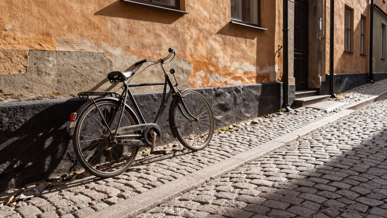 Stockholm street scene with vintage bicycle and cobblestones in in Stockholm, Sweden