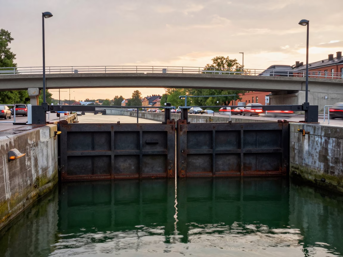 Stockholm Sunset Canal Lock Gate Closing on Green Water with Overpass Taillights in in Stockholm, Sweden