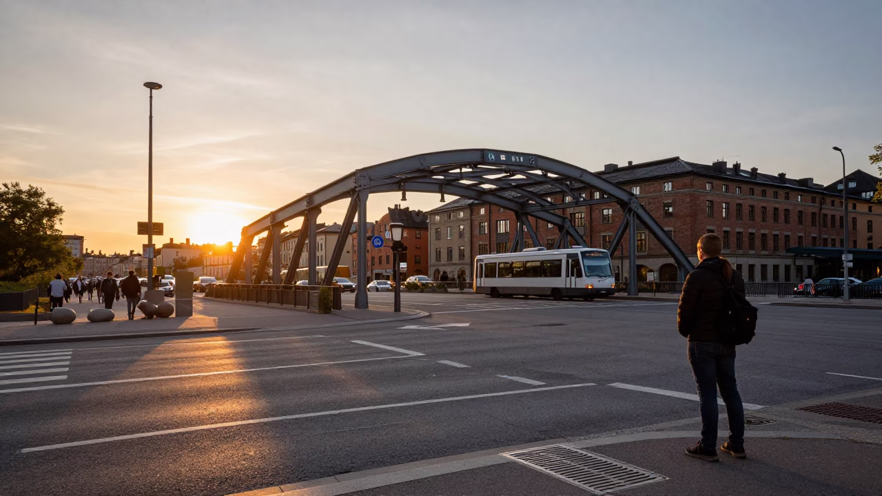 Stockholm Sunset Commuter Scene at Slussen Bridge with Glass Pitcher and Steel Drain Detail in in Stockholm, Sweden