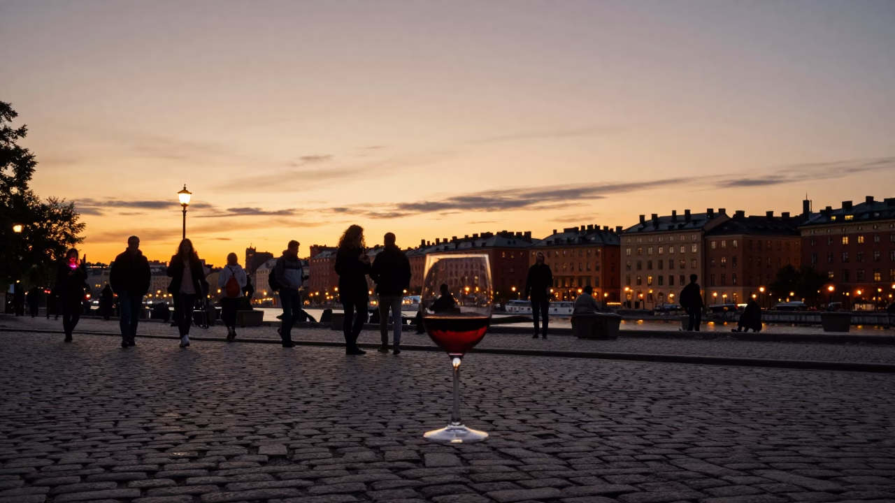 Stockholm Sunset Evening with Red Wine and City Lights in in Stockholm, Sweden