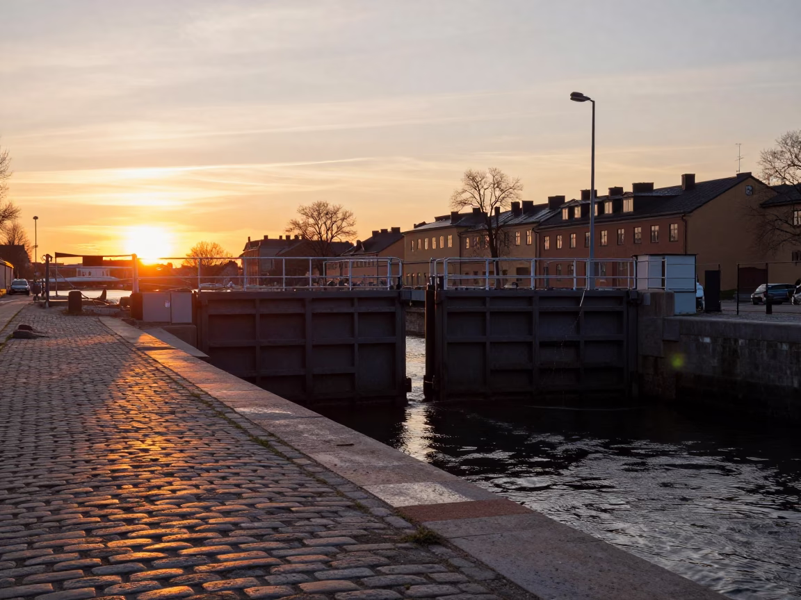 Stockholm Sunset Sluice Gate Dripping Beside Muddy Canal Edge in in Stockholm, Sweden