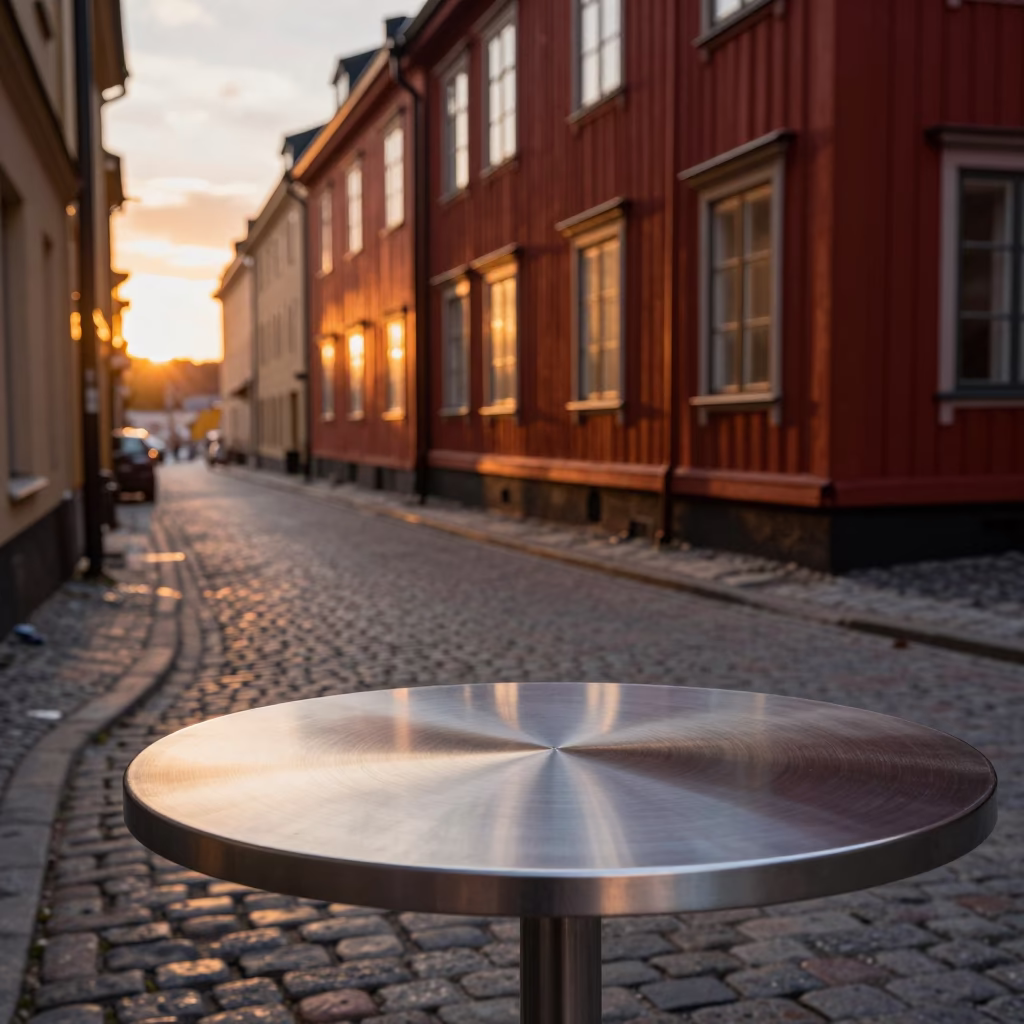 Stockholm Sunset Street Scene with Brushed Steel Tabletop and School Library Cart in in Stockholm, Sweden