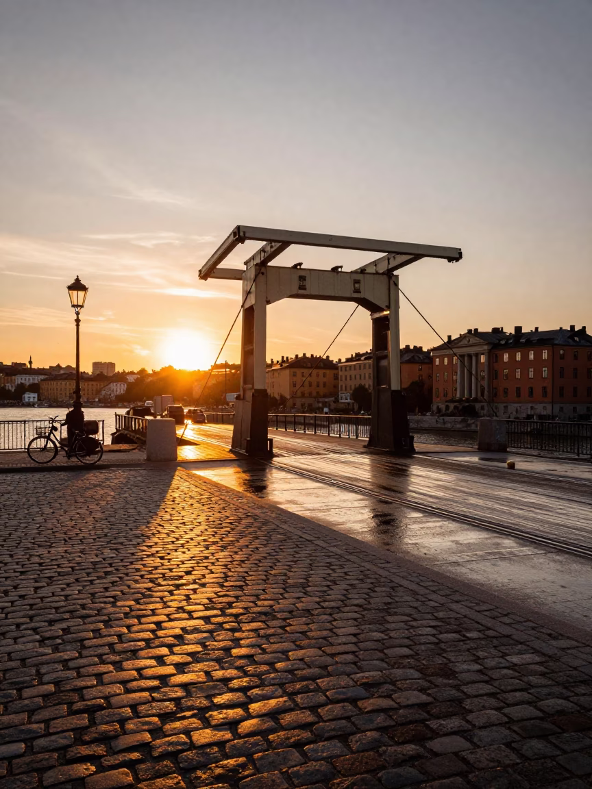 Stockholm sunset street scene with drawbridge deck and coiled rope on cobblestones in in Stockholm, Sweden