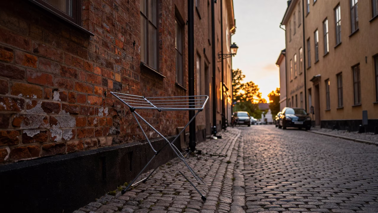 Stockholm Sunset Street Scene with Drying Rack and Urban Life in in Stockholm, Sweden