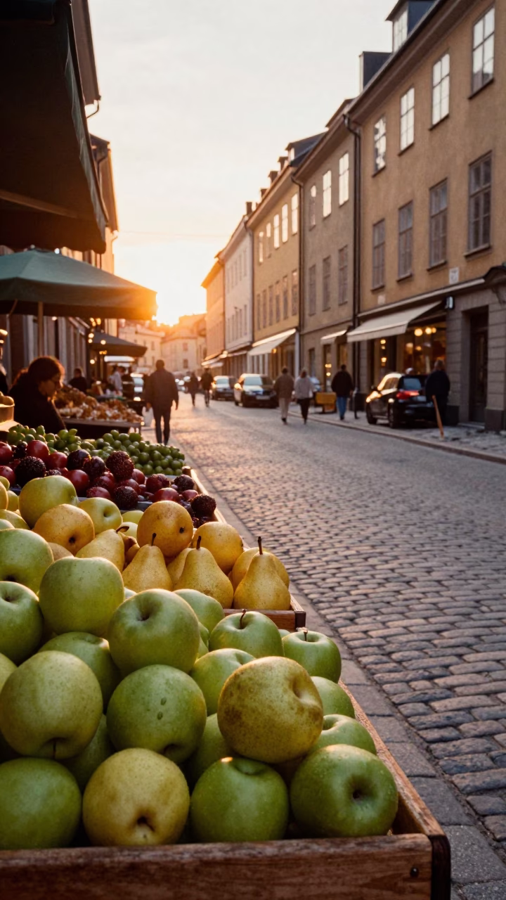 Stockholm Sunset Street Scene with Pears on Market Stall in in Stockholm, Sweden
