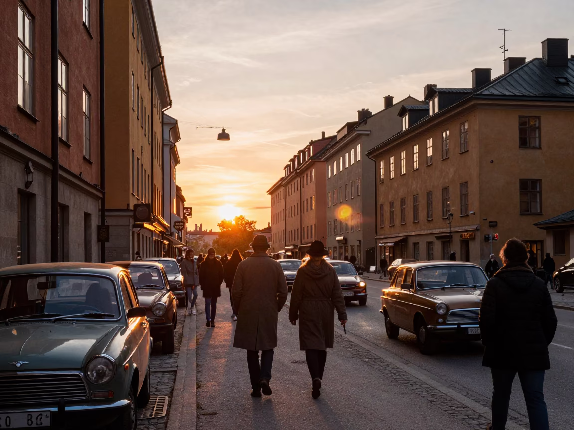 Stockholm Sunset Street Scene with Vintage Cars and Pedestrians in in Stockholm, Sweden