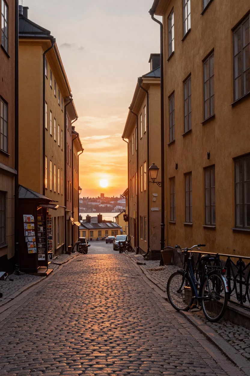 Stockholm Sunset Street Scene with Vintage Details and Local Atmosphere in in Stockholm, Sweden
