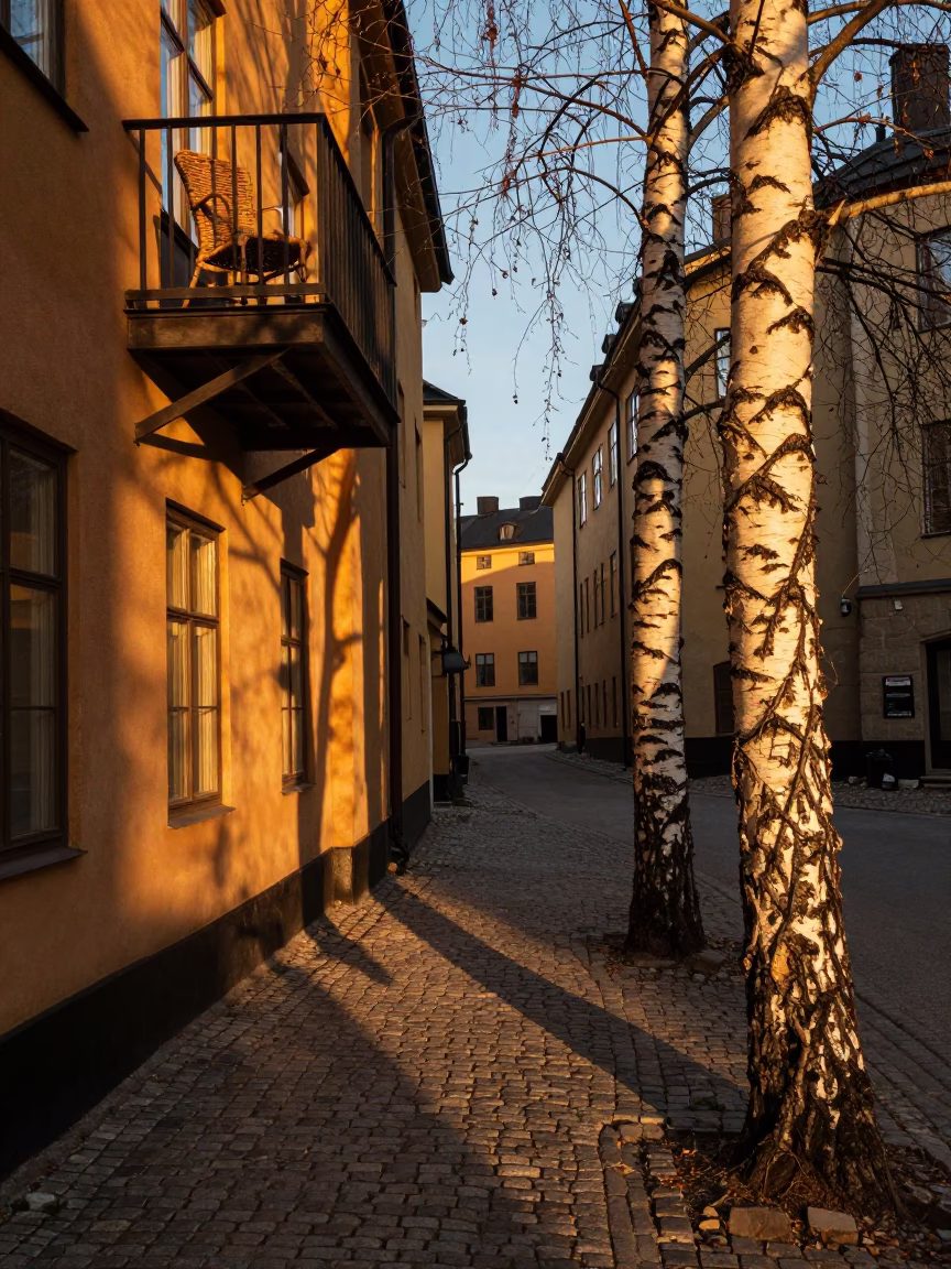 Stockholm Sunset Street Scene with Wicker Shadow and Birch Trees in in Stockholm, Sweden