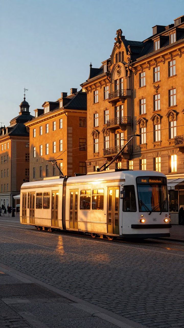 Stockholm Sunset Tram Passing Art Nouveau Facades Near Waterfront in in Stockholm, Sweden