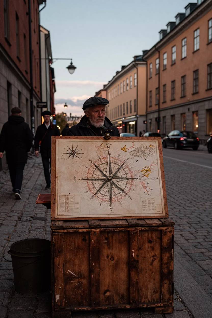 Stockholm Sweden 1960s Street Scene Copper Dusk Light Nautical Chart and Vintage Bicycle in in Stockholm, Sweden