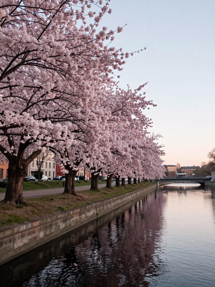 Stockholm Sweden canal sunrise row of cherry trees in full bloom before dawn light in in Stockholm, Sweden