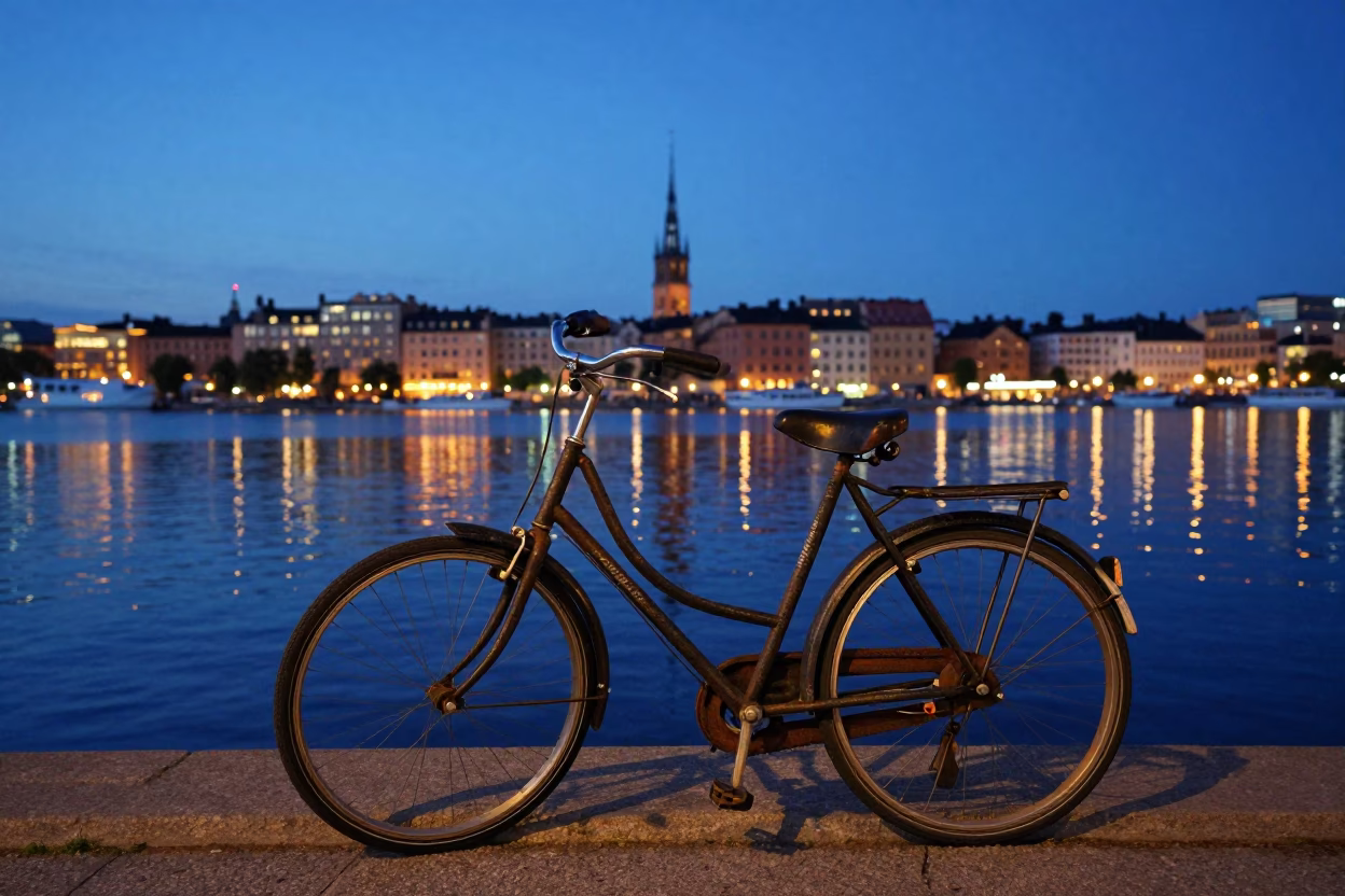 Stockholm Sweden City Lights Glow Vintage Bicycle Park Lake Evening in in Stockholm, Sweden