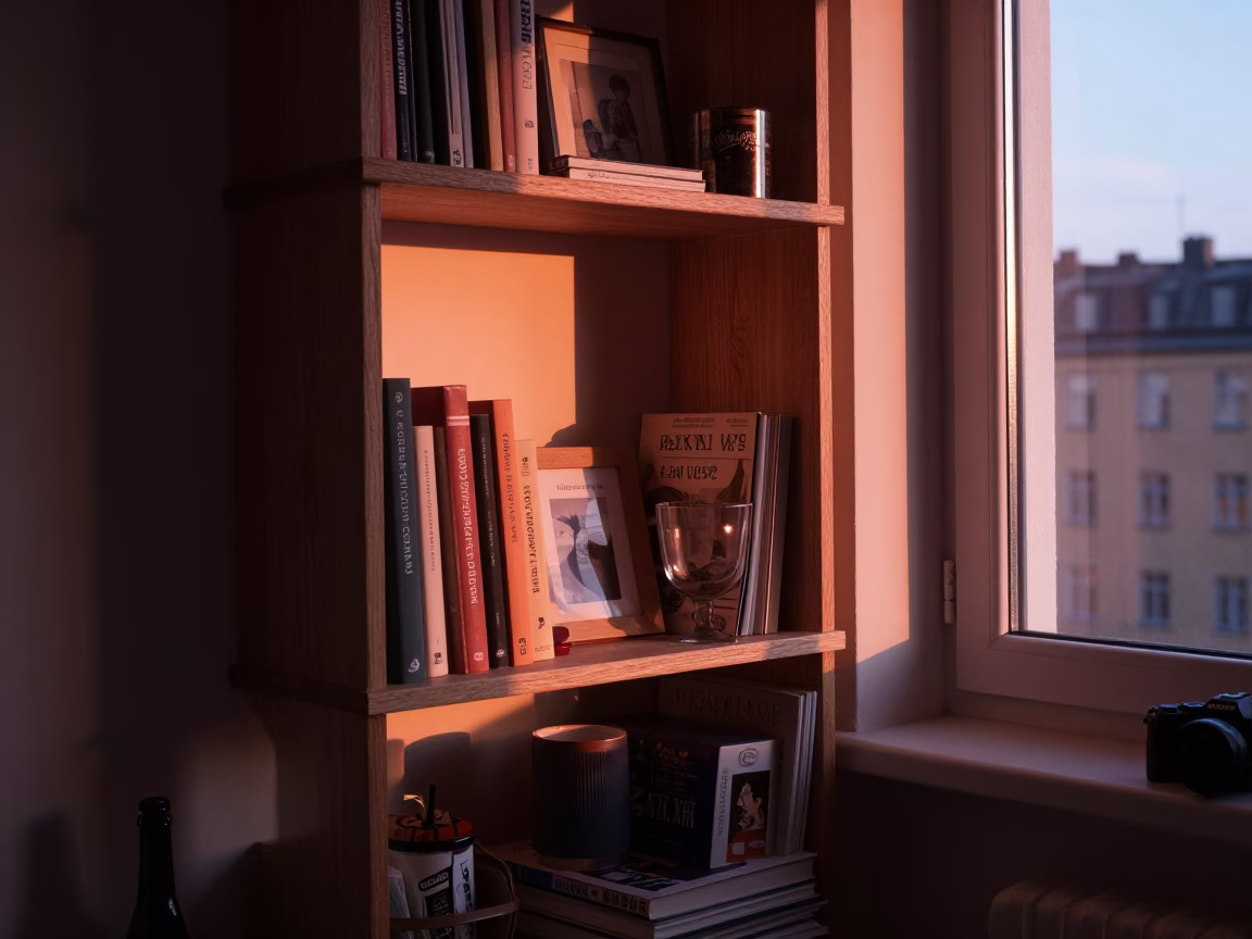 Stockholm Sweden Copper Dusk Light Interior Scene with Wooden Bookends and Sunlight Stripes in in Stockholm, Sweden