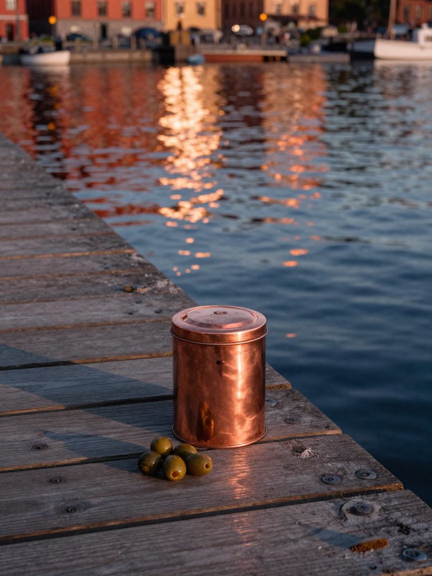 Stockholm Sweden Copper Light Before Dusk Coffee Tin and Olives on Drawbridge Deck in in Stockholm, Sweden