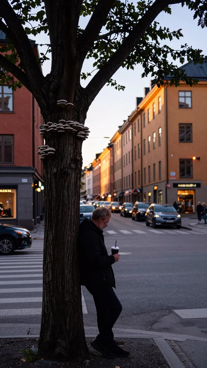 Stockholm Sweden Dawn Street Scene with Rubber Tree Cup and Bracket Fungus in in Stockholm, Sweden