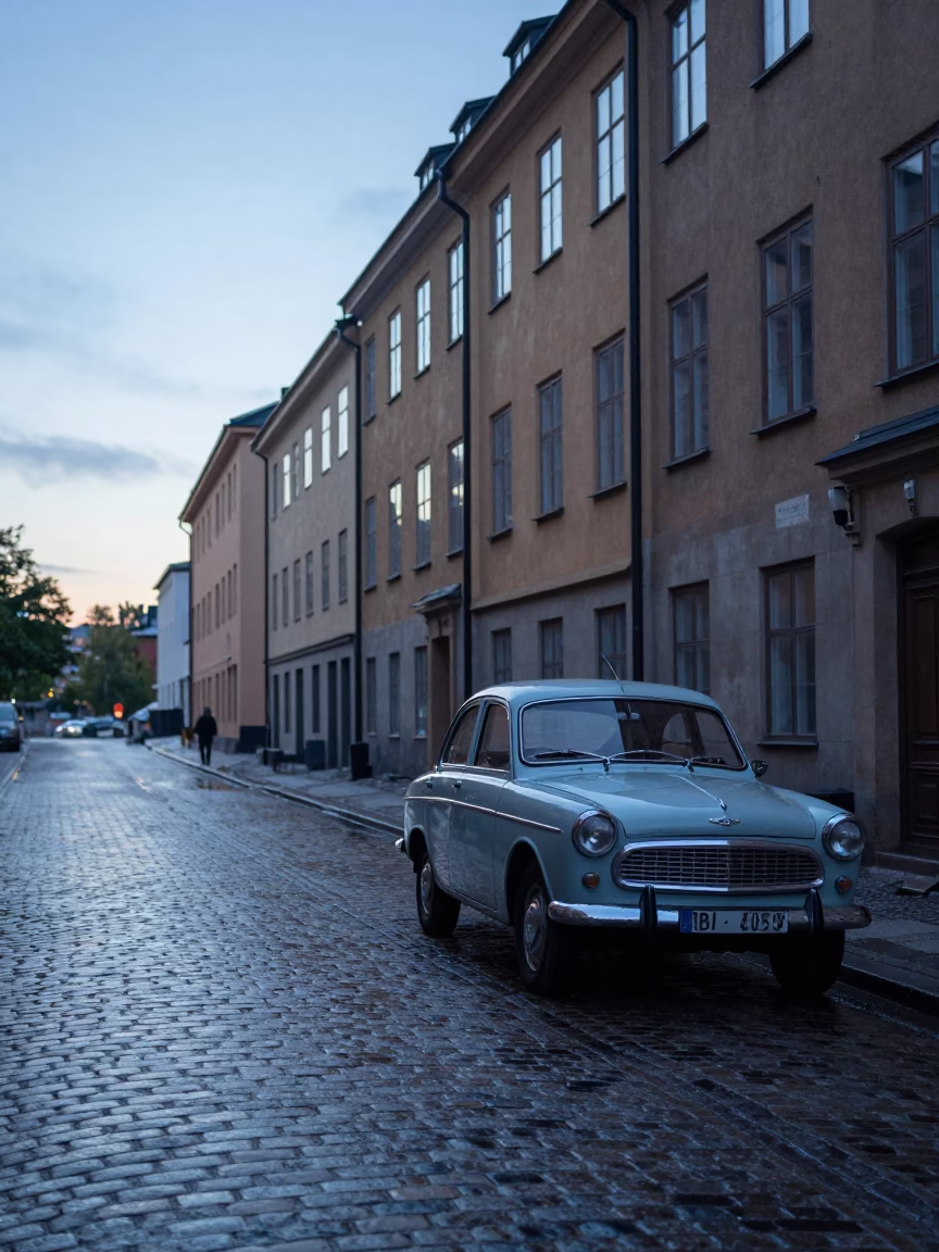 Stockholm Sweden Dawn Street Scene with Vintage 1960s Car and Algae-Streaked Floodgate Chamber in in Stockholm, Sweden