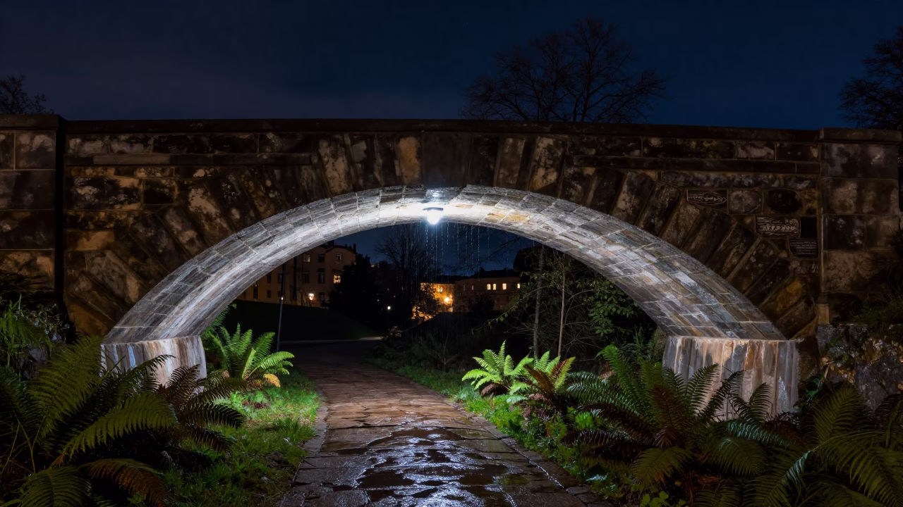 Stockholm Sweden Deep Night Sky Viaduct Arch Undercroft Ferny Stone Dripping Water in in Stockholm, Sweden