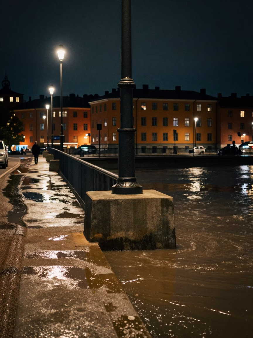 Stockholm Sweden Deep Night Street Scene with Bridge Pier and Turnbuckle in in Stockholm, Sweden