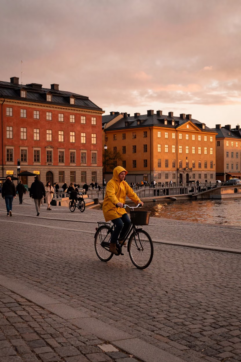 Stockholm Sweden Dusk Street Scene with Bicycle and Urban Architecture in in Stockholm, Sweden