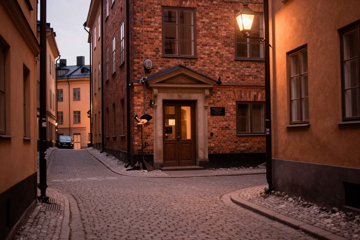 Stockholm Sweden Dusk Street Scene with Boot Scraper and Cobblestone Entrance in in Stockholm, Sweden