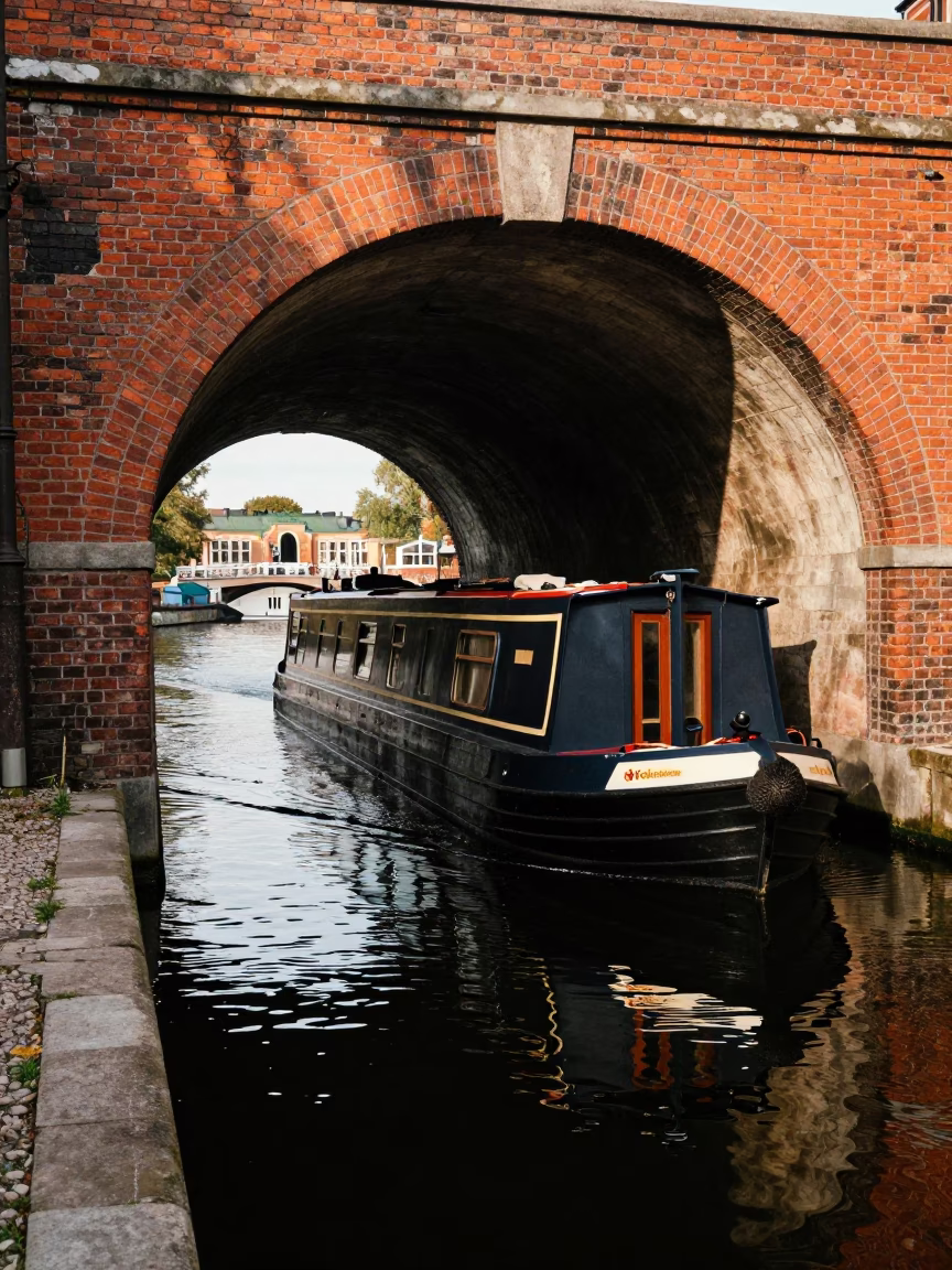 Stockholm Sweden Early Afternoon Canal Tunnel Narrowboat Brick Archway Water Reflection in in Stockholm, Sweden