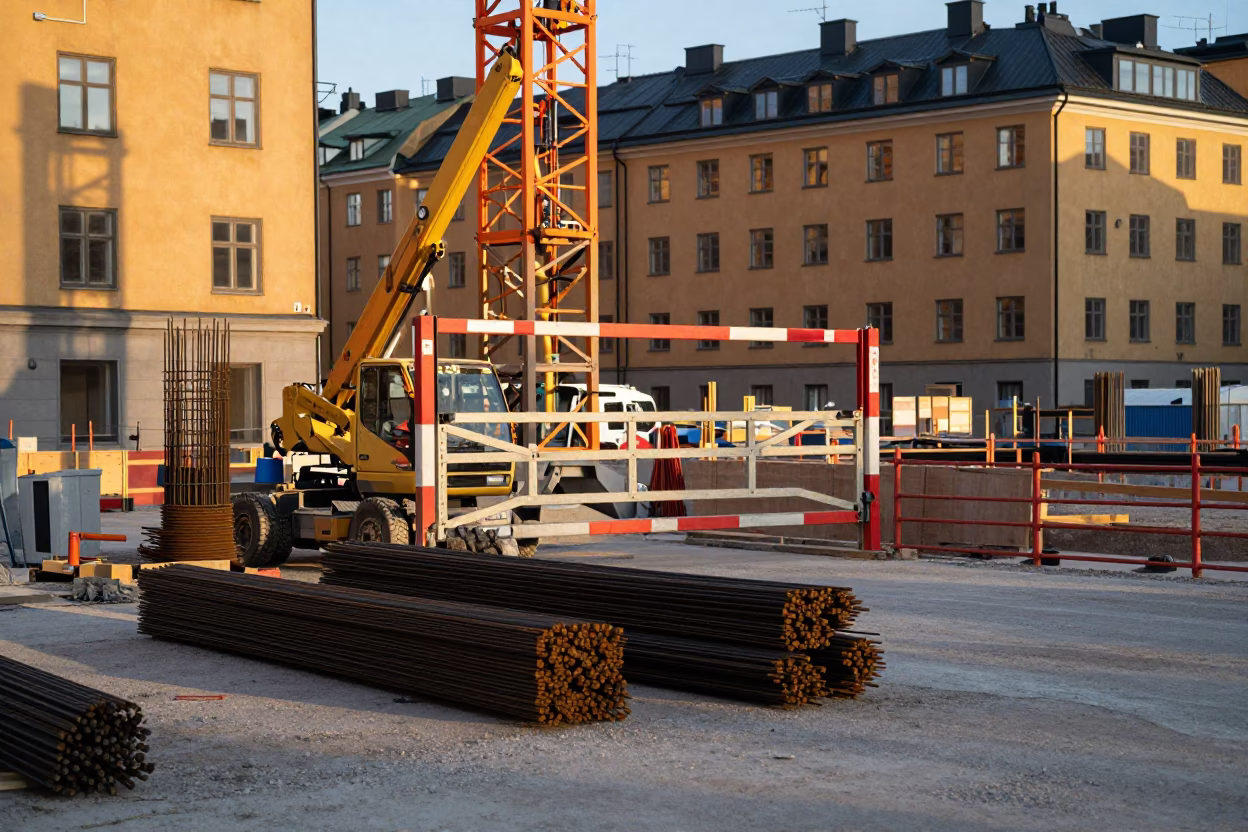 Stockholm Sweden Early Afternoon Construction Site with Rebar Bundles and Workbench Vise in in Stockholm, Sweden