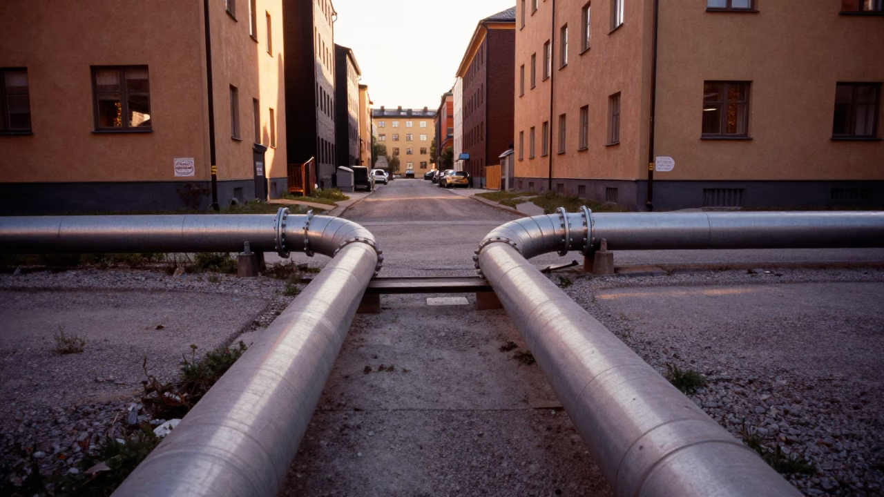 Stockholm Sweden Early Afternoon District Heating Pipe Crossing Between Concrete Apartment Blocks in in Stockholm, Sweden