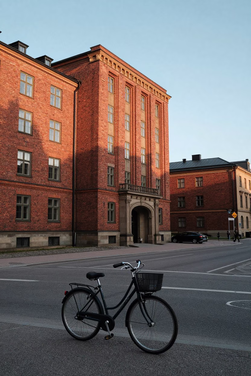 Stockholm Sweden Early Afternoon Red Brick Lecture Building Campus Bicycle Rack and Kanelbullar in in Stockholm, Sweden