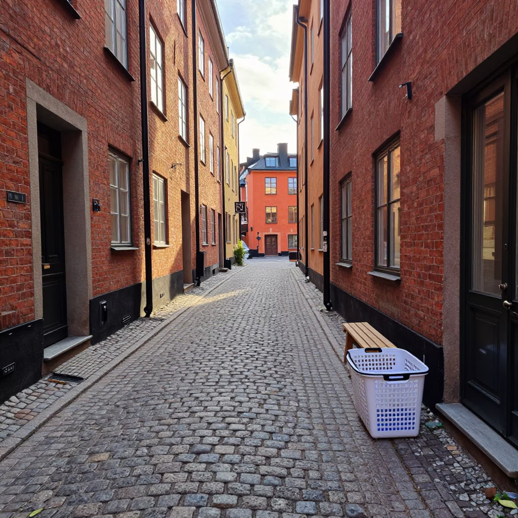 Stockholm Sweden Early Afternoon Street Scene with Laundry Basket and Coastal Elements in in Stockholm, Sweden