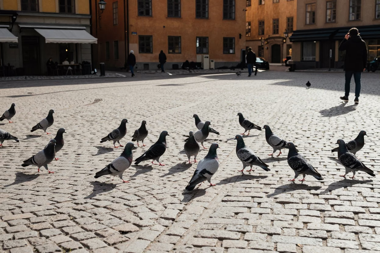 Stockholm Sweden Early Afternoon Street Scene with Pigeons and Historic Architecture in in Stockholm, Sweden