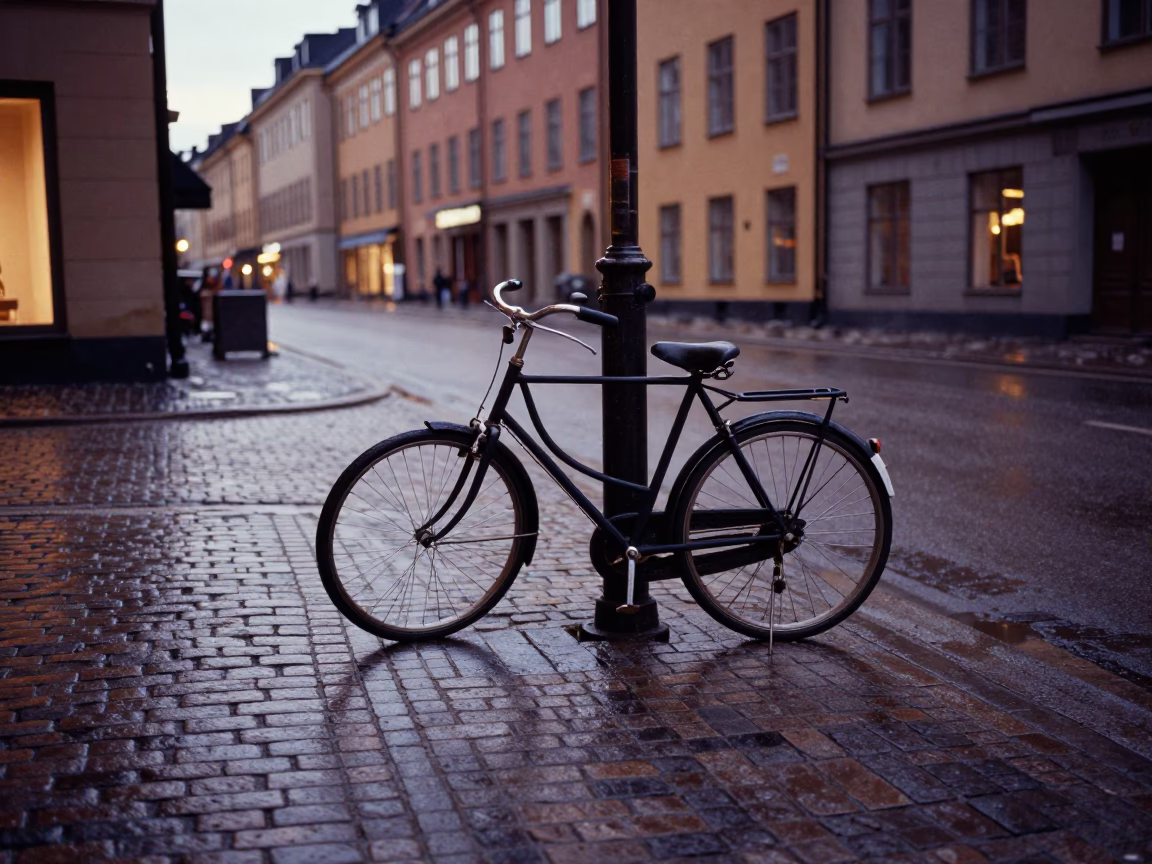 Stockholm Sweden Early Evening Street Scene with Vintage Bicycle and Urban Details in in Stockholm, Sweden