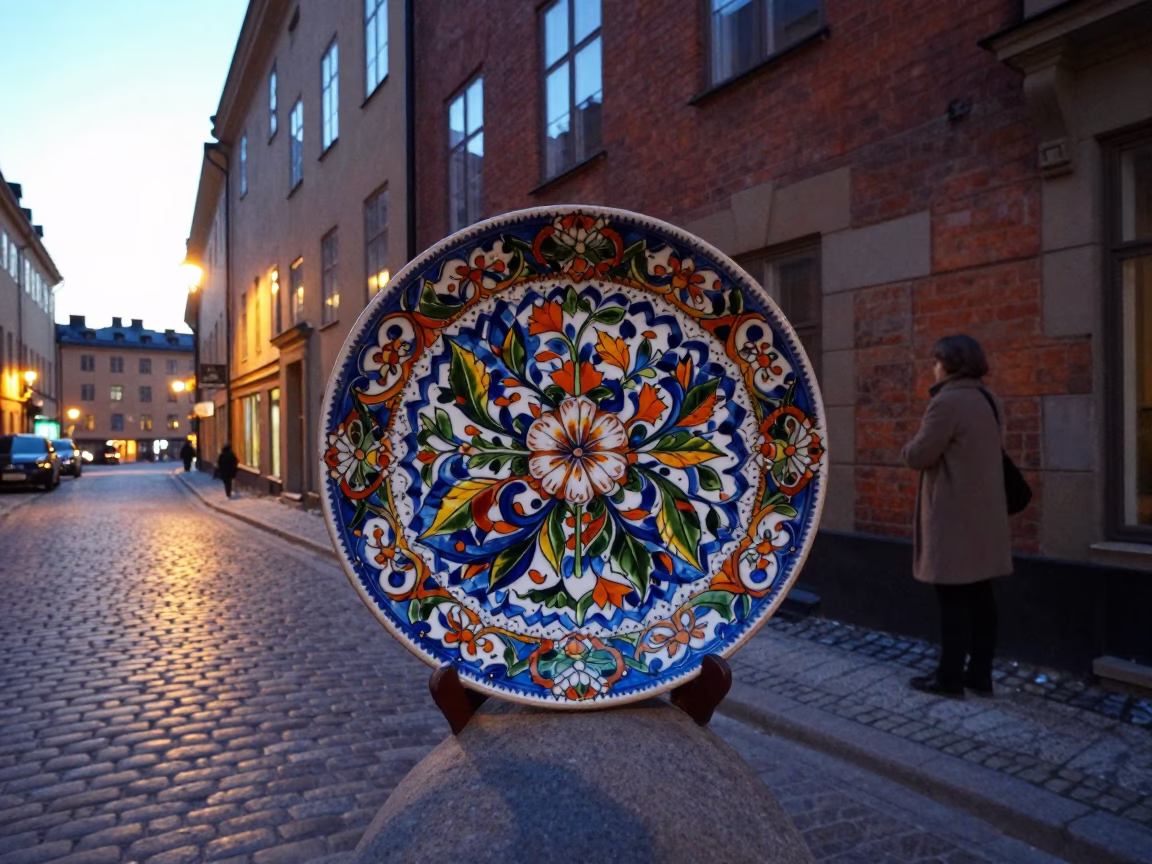 Stockholm Sweden Early Evening Street Scene with Vintage Majolica Plate in in Stockholm, Sweden