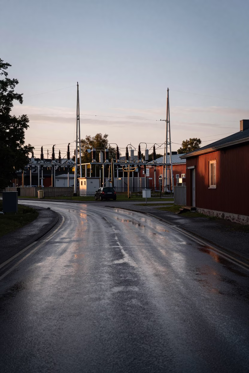 Stockholm Sweden Early Evening Substation Access Road Puddled with Oil Sheen Rainwater in in Stockholm, Sweden