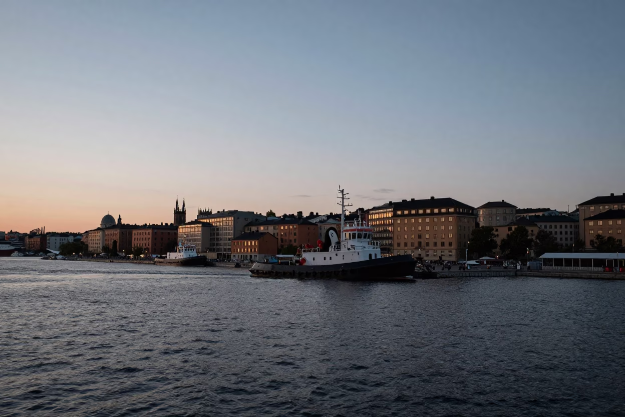 Stockholm Sweden Early Evening Tugboat Harbor View with Urban Skyline in in Stockholm, Sweden