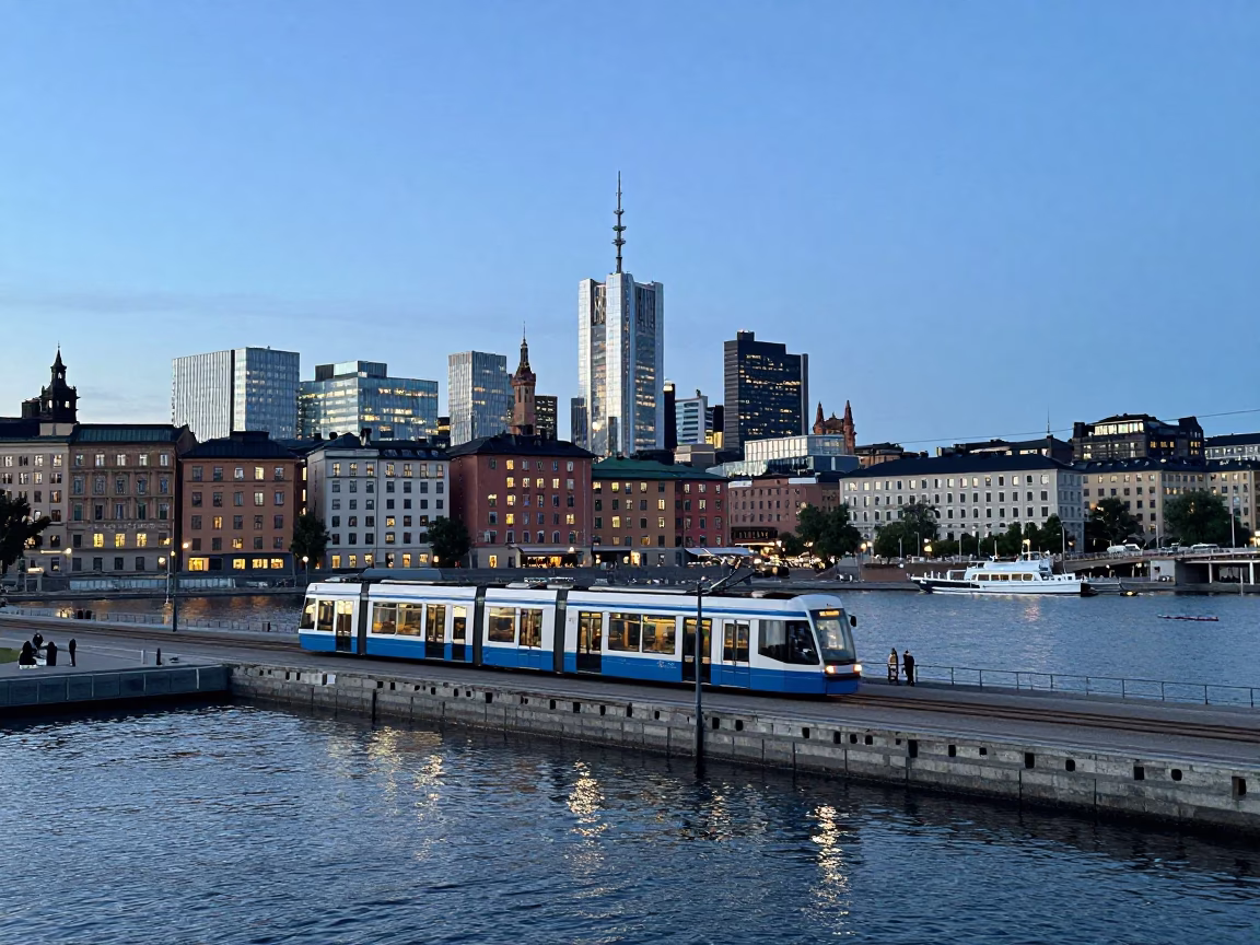 Stockholm Sweden Early Evening Waterfront Tram and City Skyline View in in Stockholm, Sweden