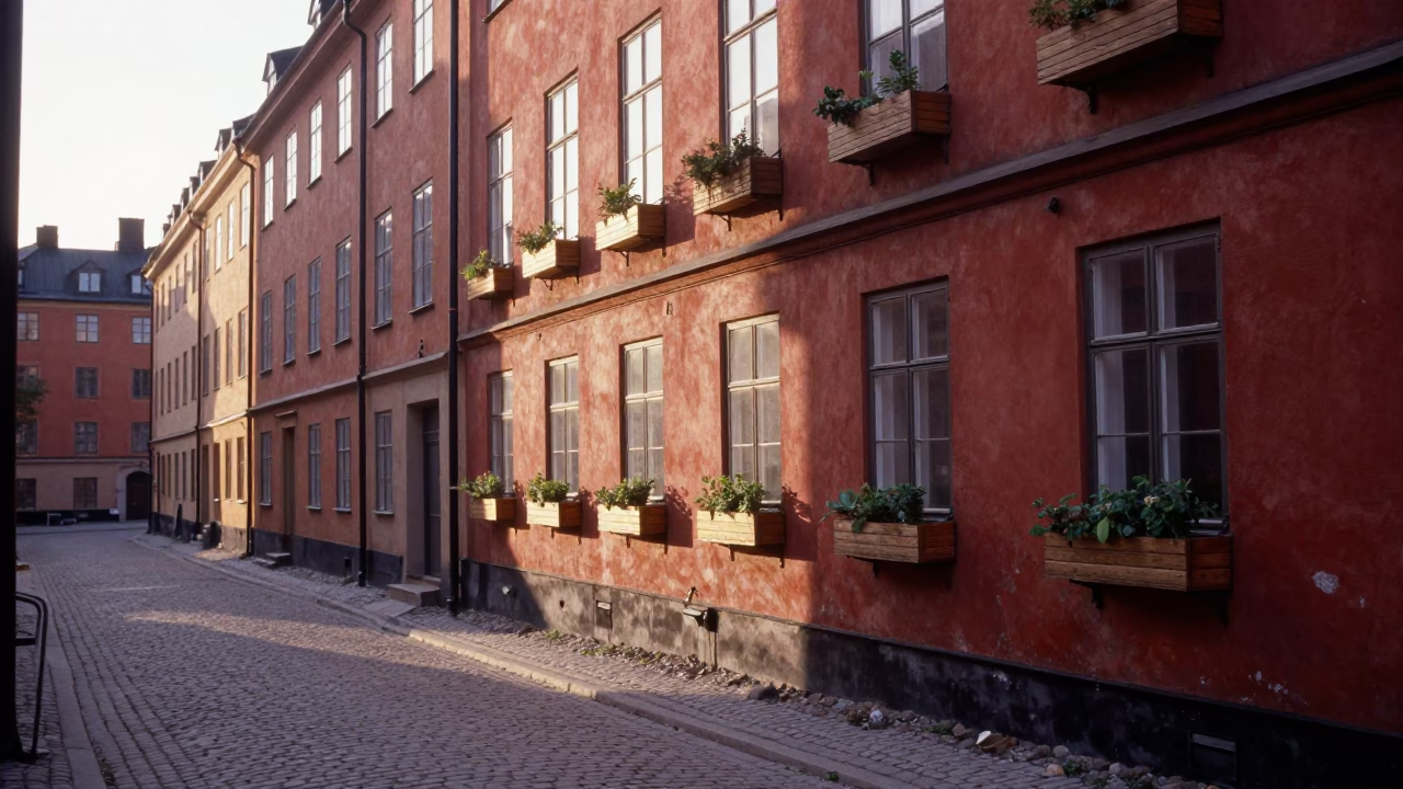 Stockholm Sweden Early Morning Street Scene with Window Boxes and City Life in in Stockholm, Sweden