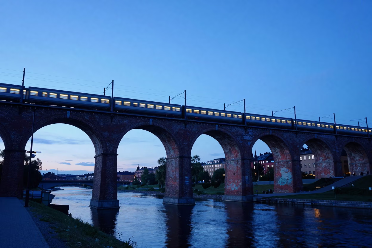 Stockholm Sweden Evening Blue Hour Railway Viaduct with Passing Train and Canal in in Stockholm, Sweden