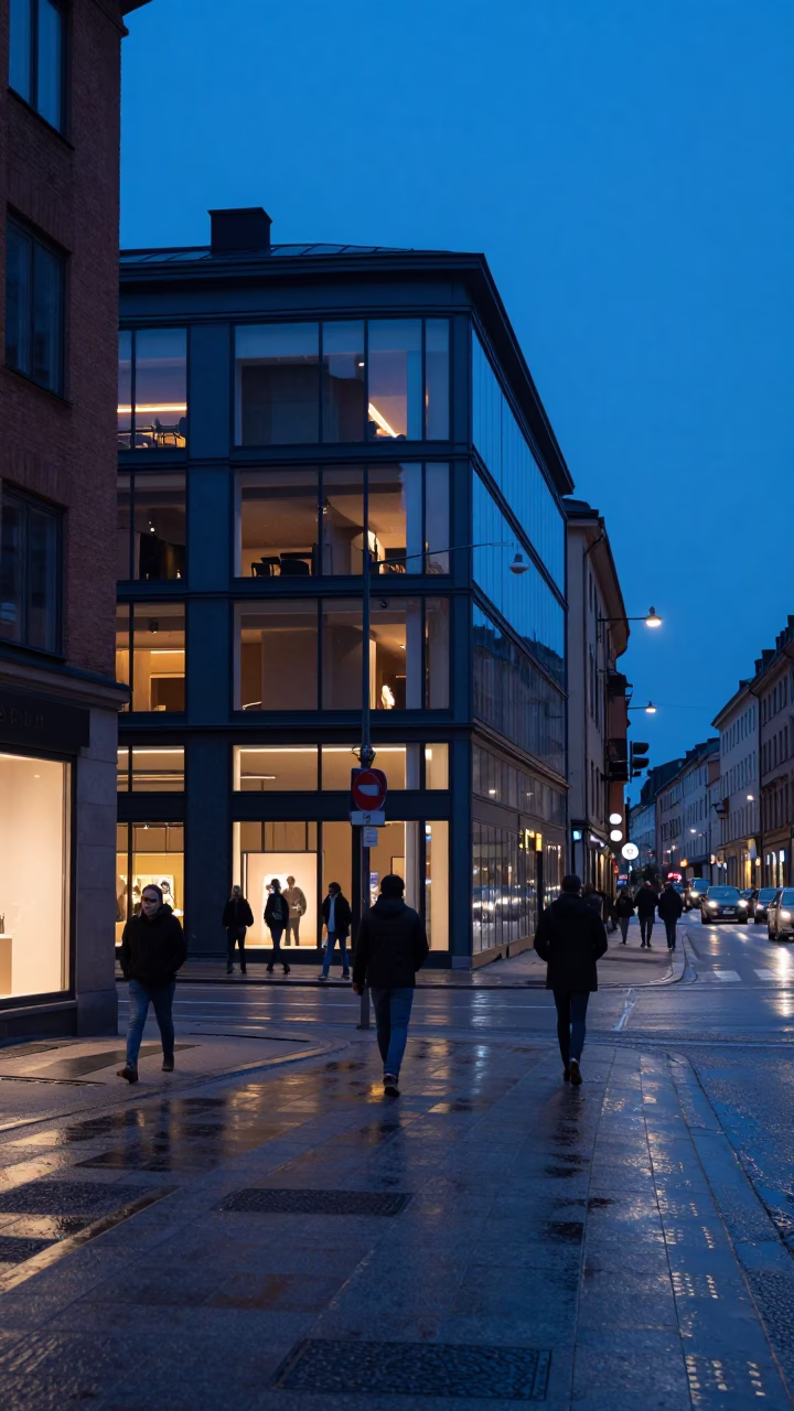 Stockholm Sweden Evening Blue Light Street Scene with Condensation and Urban Details in in Stockholm, Sweden