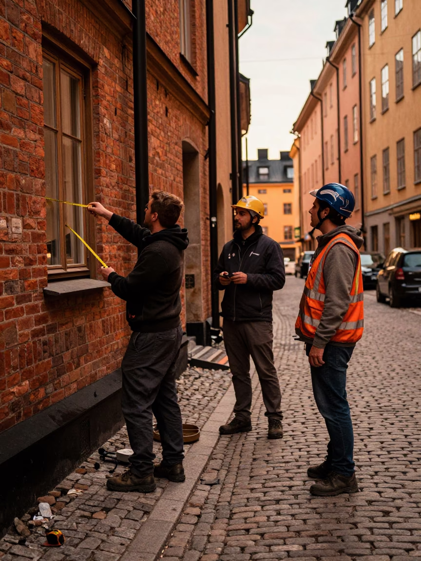 Stockholm Sweden Evening Light Measuring Tapes on Cobblestone Street in in Stockholm, Sweden