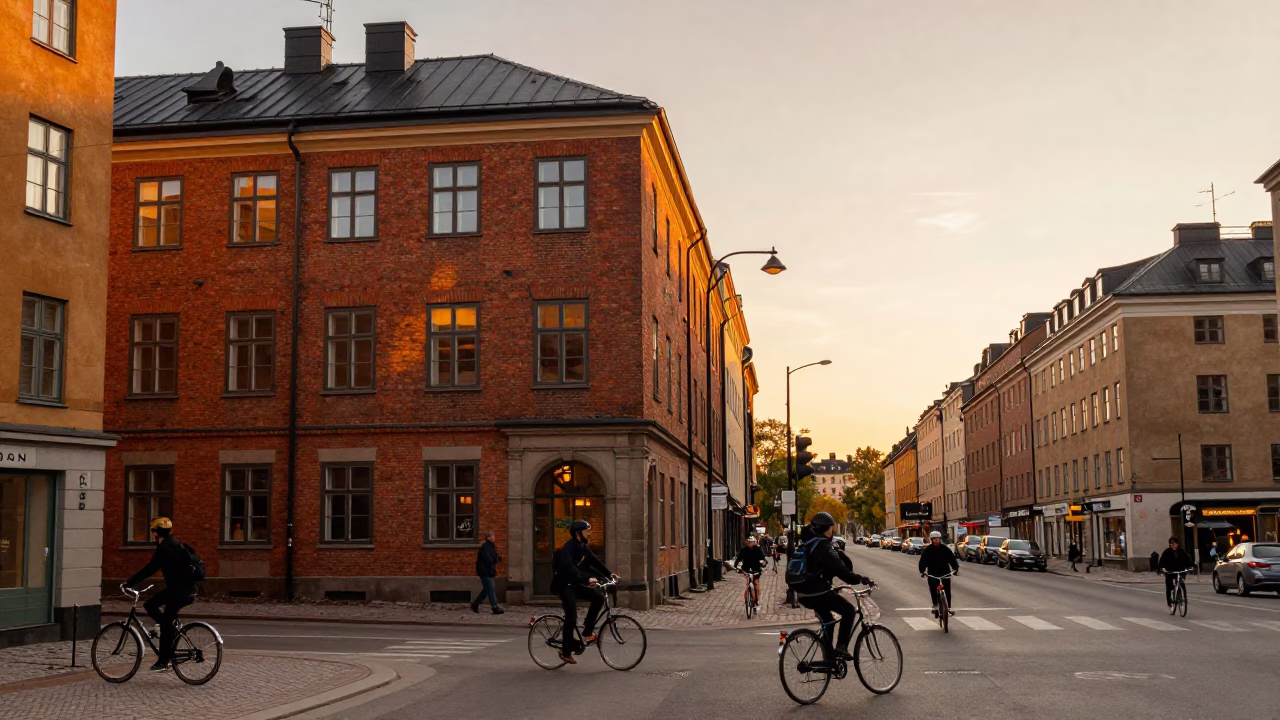 Stockholm Sweden Evening Light Urban Street Scene with Cyclists and Waterfront in in Stockholm, Sweden
