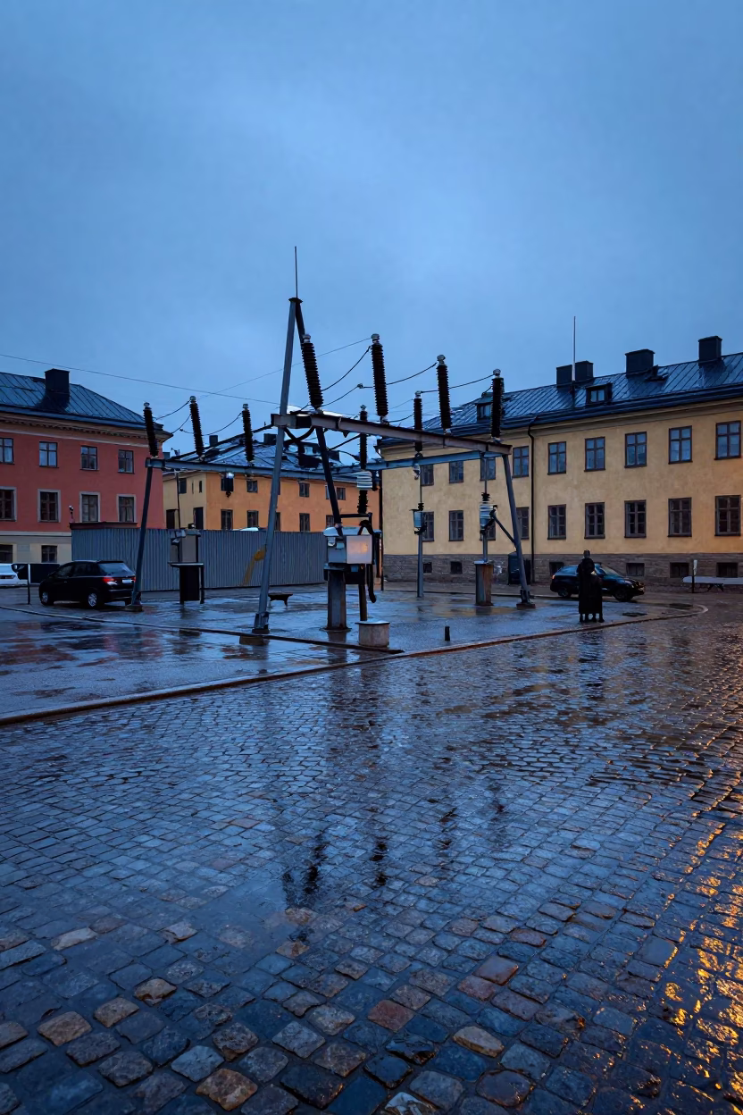 Stockholm Sweden Evening Rain Reflections on Substation Insulators and Cobblestone Street in in Stockholm, Sweden