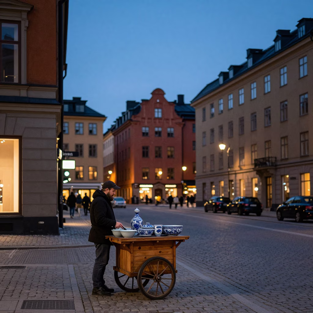 Stockholm Sweden Evening Street Scene with Blue White Porcelain and Newspaper Stack in in Stockholm, Sweden