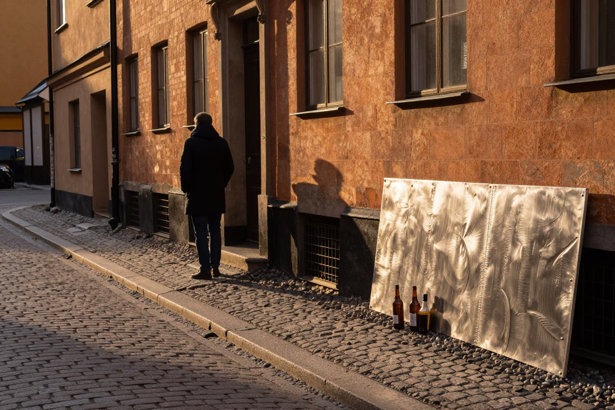 Stockholm Sweden Evening Street Scene with Bottle and Brushed Steel Saucer Edge in in Stockholm, Sweden