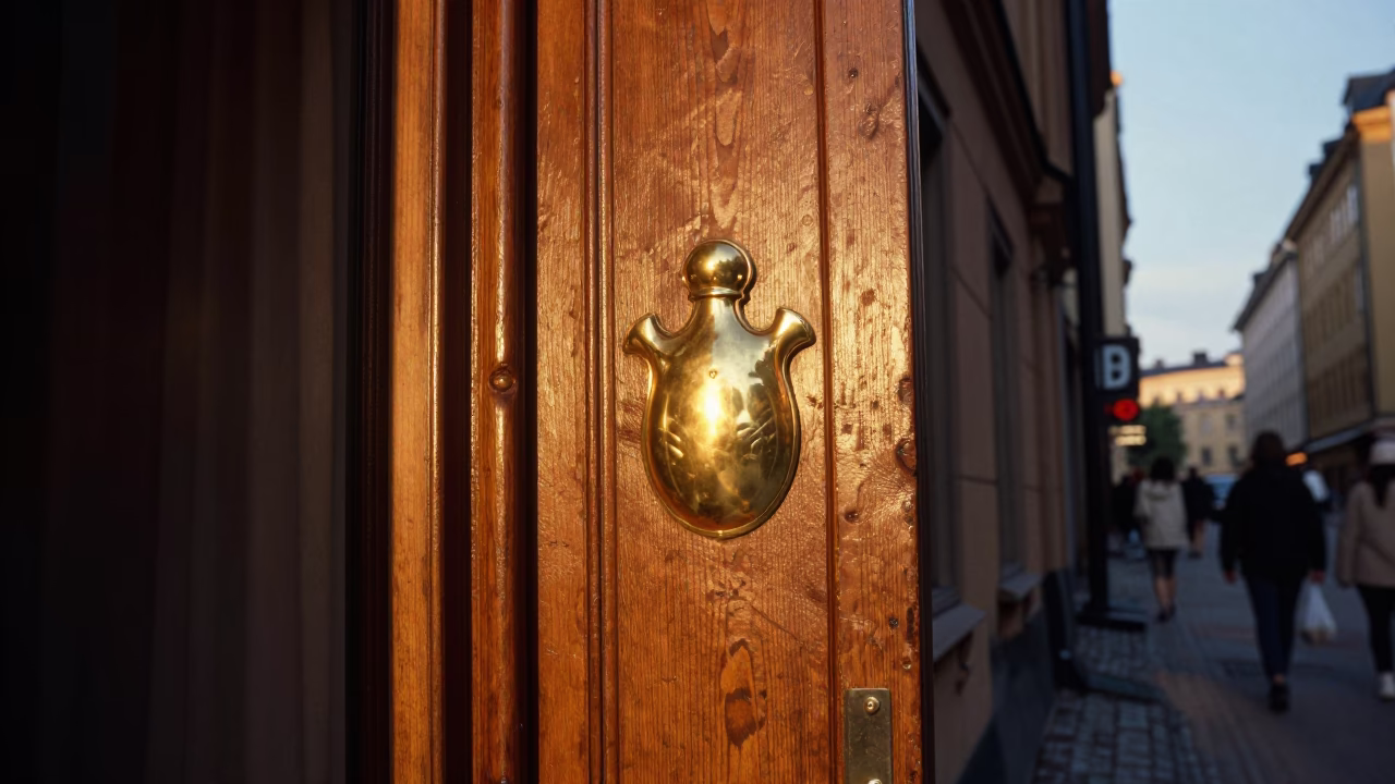Stockholm Sweden Evening Street Scene with Brass Escutcheon and Linen Fringe Details in in Stockholm, Sweden