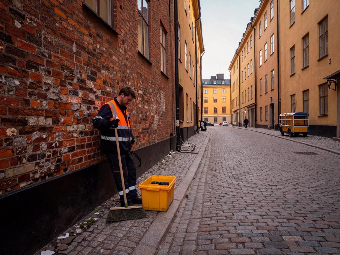 Stockholm Sweden Evening Street Scene with Broom and Tool Caddies in in Stockholm, Sweden
