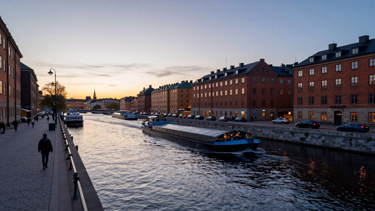 Stockholm Sweden first light dawn colorful busy canal scene with barge and historic architecture in in Stockholm, Sweden